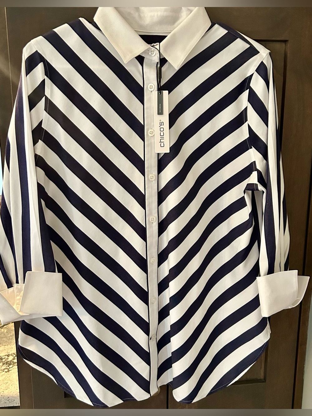 Chico's Navy and White Diagonal Stripe Button-Front Shirt-NWT